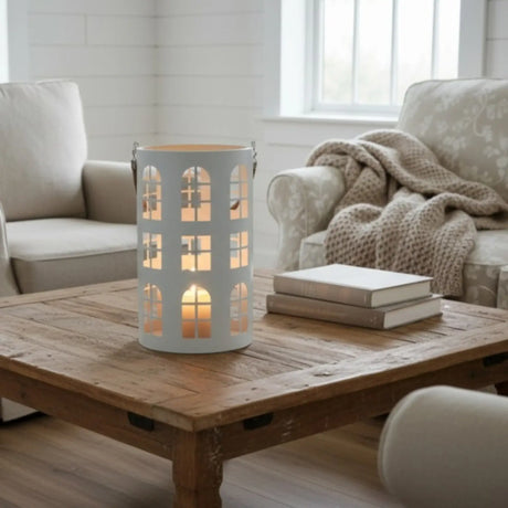 Laterne XXL Windlicht rund Haus schwarz weiß 40 cm Metall Kerzenhalter Industrial - Laterne Windlicht