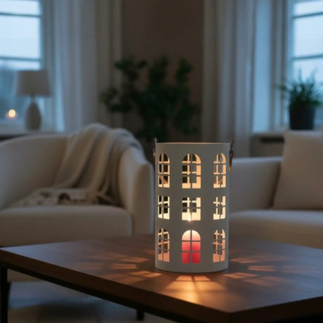 Laterne XXL Windlicht rund Haus schwarz weiß 40 cm Metall Kerzenhalter Industrial - Laterne Windlicht