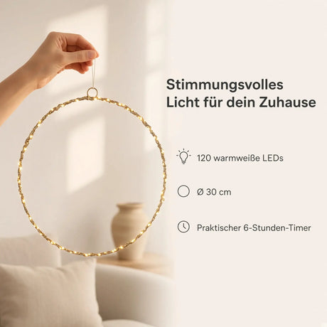 LED Lichterkranz 30 cm – 120 LEDs warmweiß mit Timer - Lichterkette LED