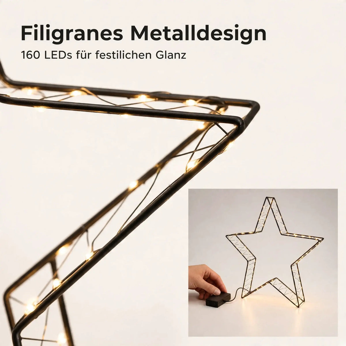 LED Weihnachtsstern aus Metall – 160 LEDs warmweiß mit Twinkle-Effekt & Timer - Weihnachtsstern LED