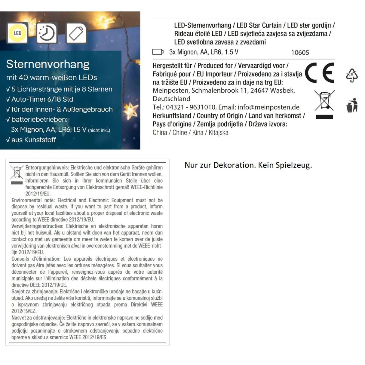 Lichterkette Sternenvorhang LED warmweiß Lichtervorhang 80x60cm Batterie Timer - Lichterkette LED