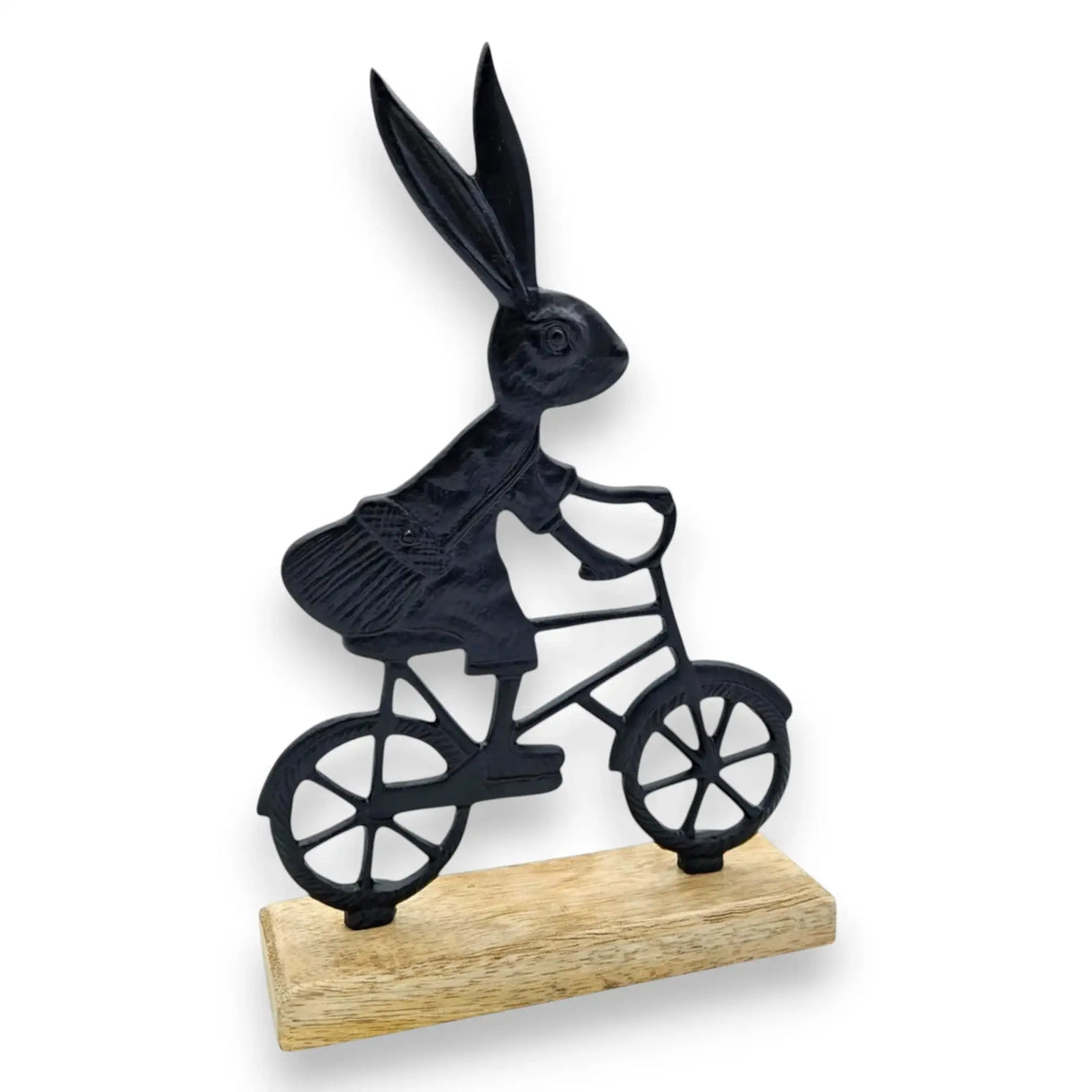 Osterhase schwarz mit Mangoholz Osterdekoration Hase Metallhase auf Fahrrad Riffelmacher - Groß 27 cm - Osterhase