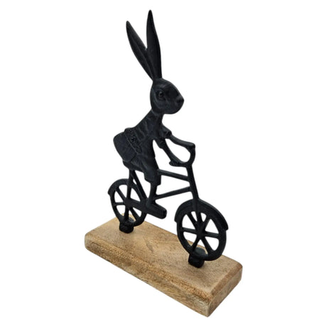 Osterhase schwarz mit Mangoholz Osterdekoration Hase Metallhase auf Fahrrad Riffelmacher - Osterhase