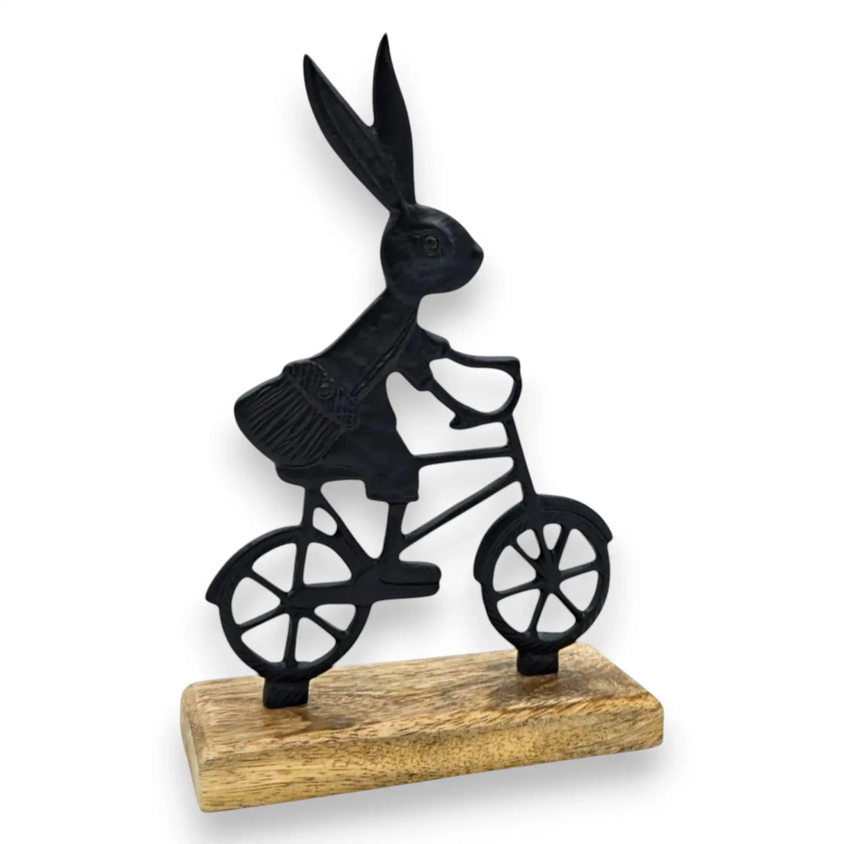 Osterhase schwarz mit Mangoholz Osterdekoration Hase Metallhase auf Fahrrad Riffelmacher - Klein 22 cm - Osterhase
