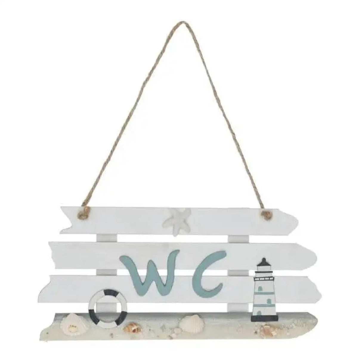 Schild Maritim WC weiß Muscheln Hängeschild Leuchtturm Bad Deko Holzschild - Holzschild