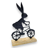 Osterhase schwarz mit Mangoholz Osterdekoration Hase Metallhase auf Fahrrad Riffelmacher