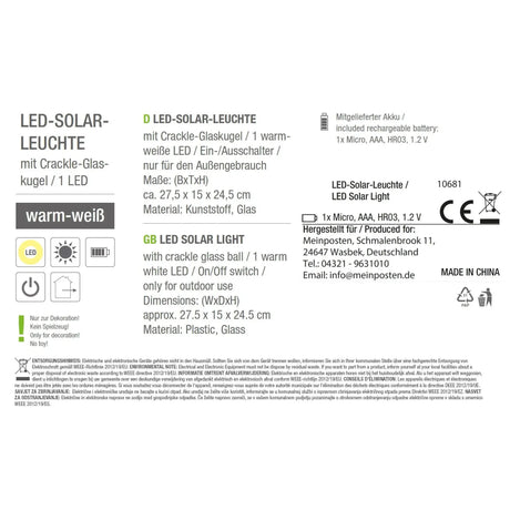 Solarleuchte MALI Solarlampe warmweiß Garten Balkon Laterne - Solarleuchte
