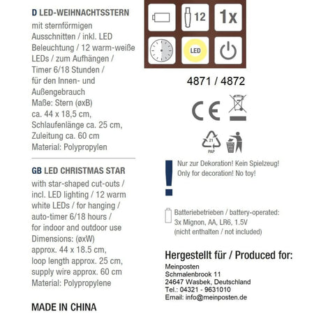 Stern Weihnachtsstern 12 LED 44cm innen außen Timer Rot - Weihnachtsstern