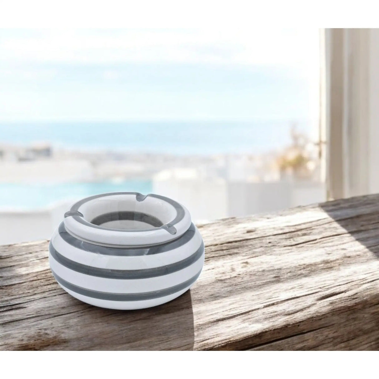 Sturmaschenbecher Mykonos M / XXL 23 cm Maritim grau weiß Aschenbecher gestreift - Aschenbecher