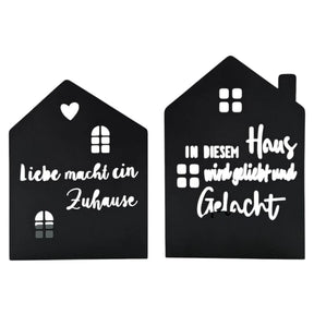 Teelichthalter Haus schwarz 2er Set Kerzenhalter Metall Zuhause Sprüche - Teelichthalter