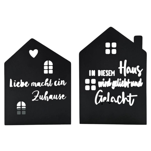 Teelichthalter Haus schwarz 2er Set Kerzenhalter Metall Zuhause Sprüche - Teelichthalter