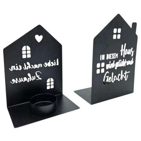 Teelichthalter Haus schwarz 2er Set Kerzenhalter Metall Zuhause Sprüche - Teelichthalter